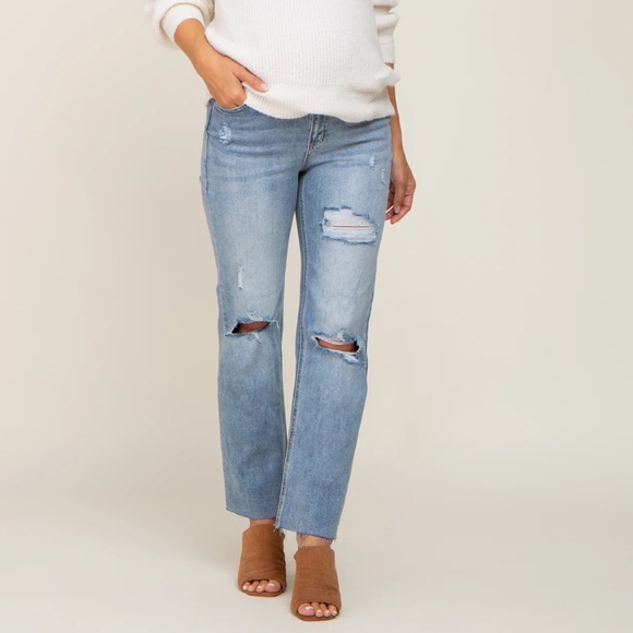 Light Blue Cropped Distressed Maternity Jeans - Picture 1 of 5